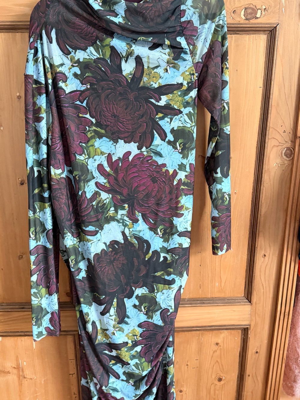 NWT H&M Light Blue Lined Mesh Maxi Dress with Plum Floral Print